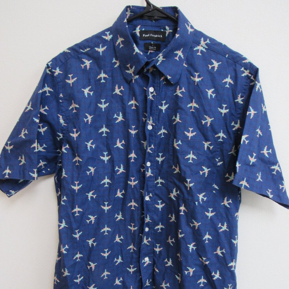 Paul Fredrick Classic Fit Airplane AOP Short-Sleeve Button-Up Shirt Large‎